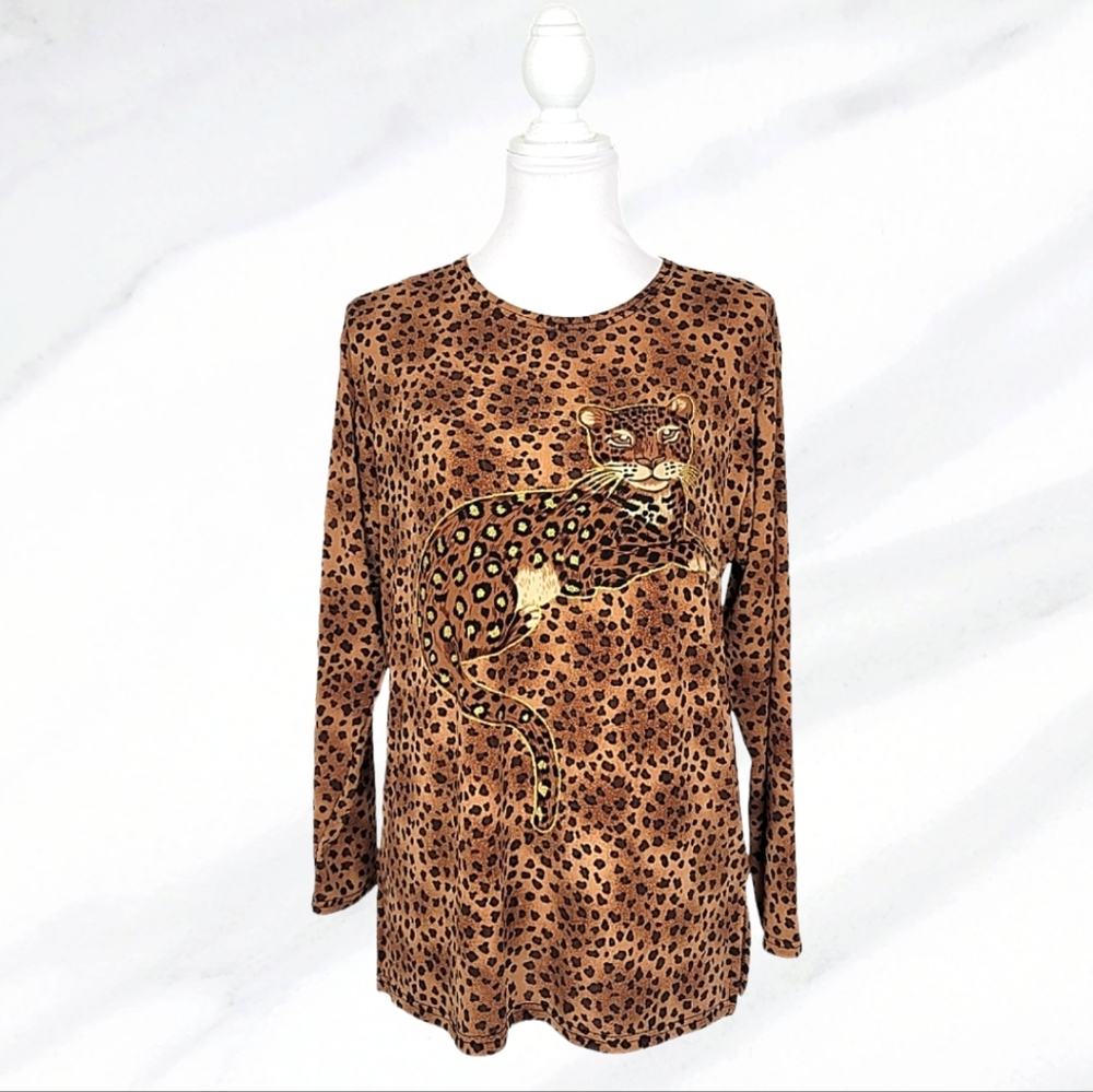 •SOLD• Vintage Leopard Cheetah Animal Print Gold Glitter Blouse Top Shirt Large